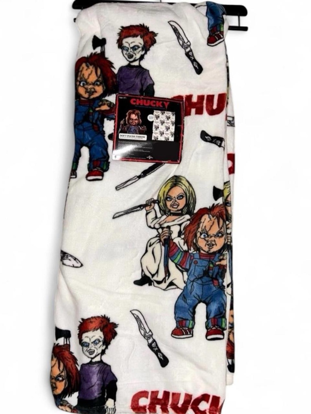Chucky Horror Print Plush Throw Blanket - White Background